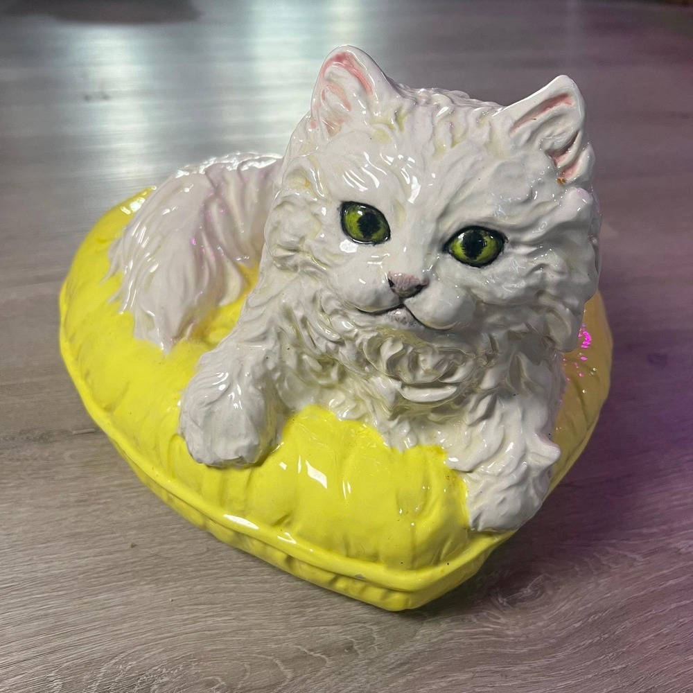 Large Ceramic White Cat On a Yellow Pillow
